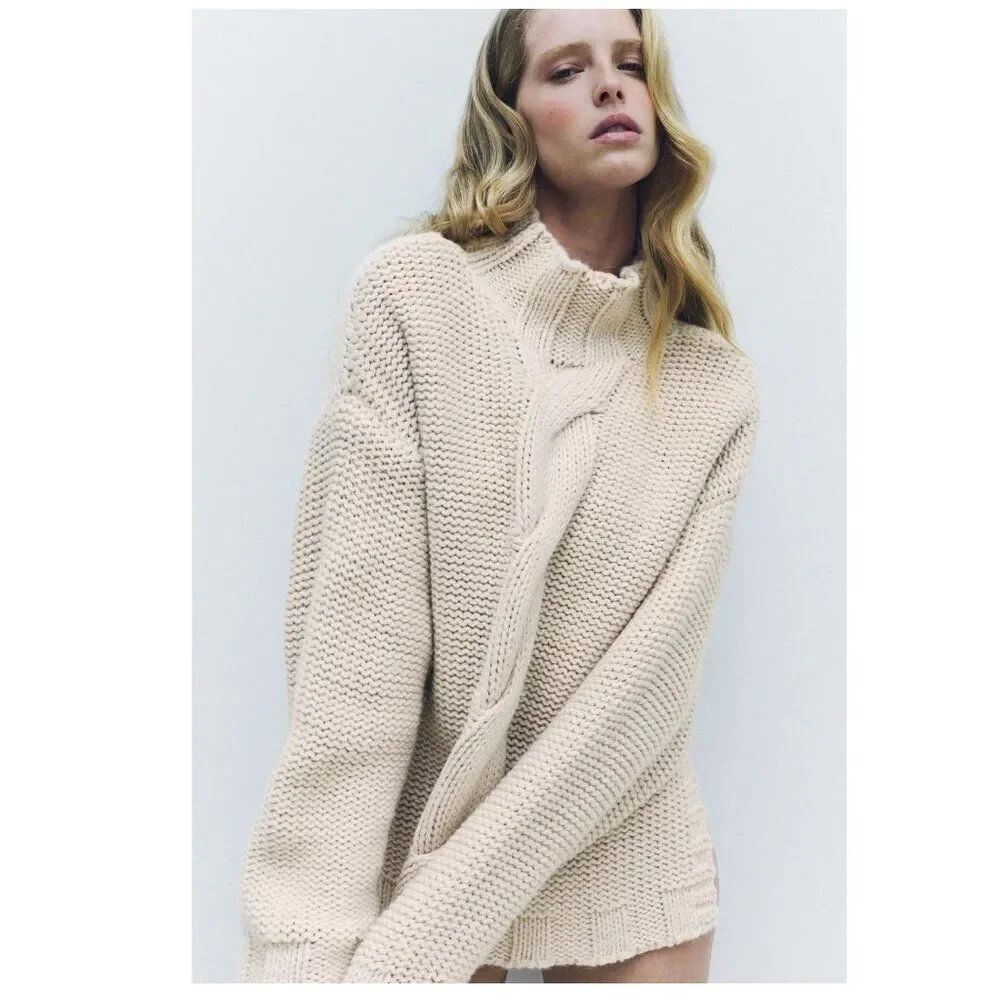 Zara Womens Cable Knit Sweater Medium M Ecru High Neck Long Sleeve 9598/234 NWT